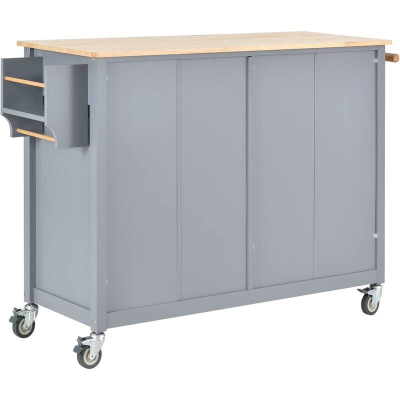 Kitchen Island Cart with Solid Wood Top, 4 Door Cabinet, 2 Drawers, Spice & Towel Rack, Locking Wheels, 54.3" - White