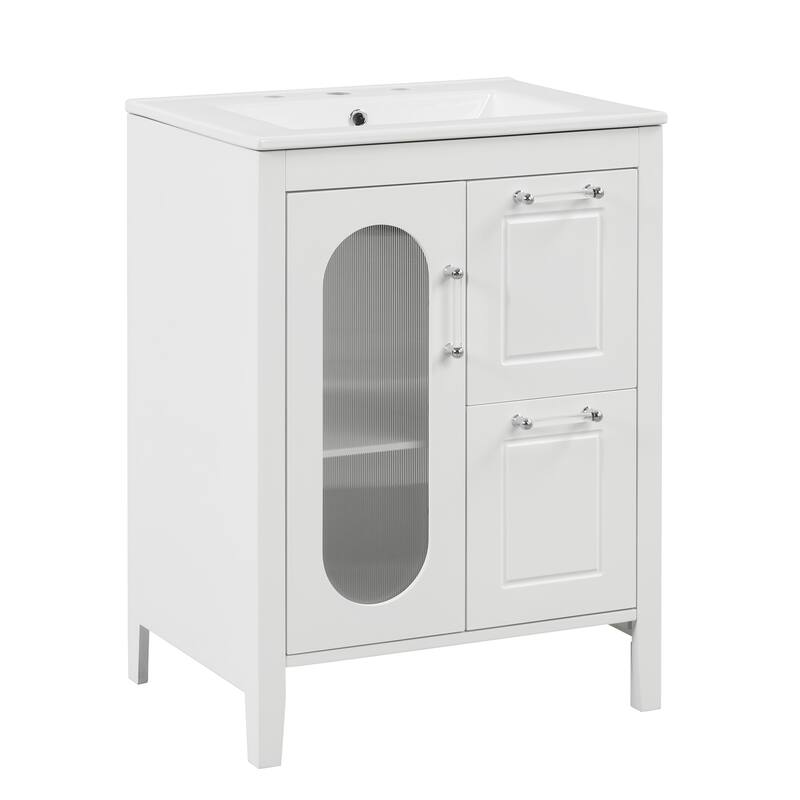 Roomfitters 24" Bathroom Vanity with Sink, Solid Wood Frame & Moru Glass Door, 2 Drawers & Adjustable Shelf