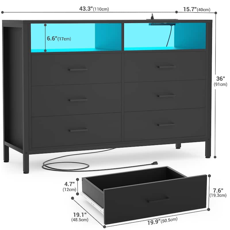 Chest of Drawers with LED Lights and Outlets,Wood Drawer Dresser for Clothes Storage