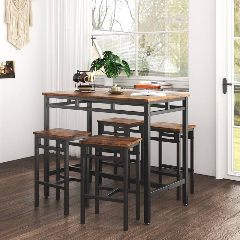 Rustic Workbench with Steel Legs, Brown Computer Table, Backless Dining Chairs, Kitchen Table & Chair Set - Rustic Brown