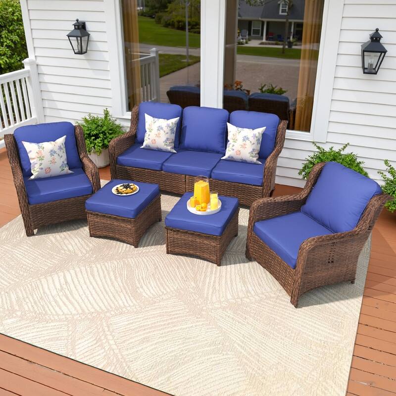 5-piece Patio Furniture High Back Conversation Set with Navy Blue Cushions
