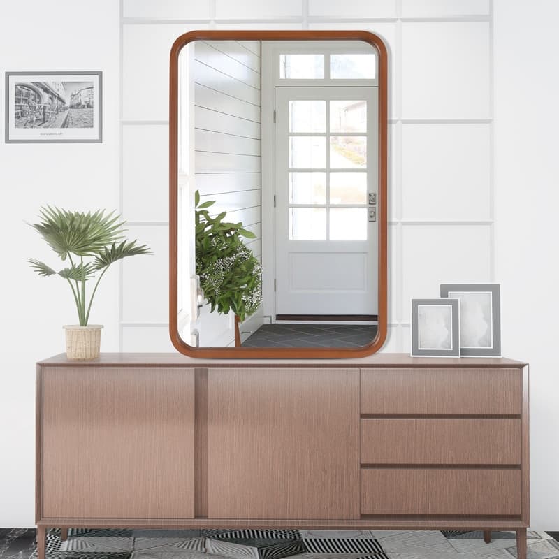 Round Corner Rectangle Farm Wall Mirror with Solid Wood Frame - 24" x 36" - Walnut