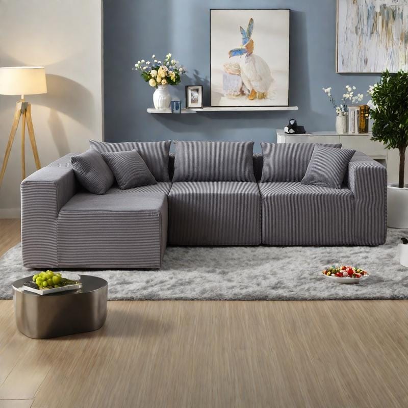 104" Corduroy Modular L-Shaped Sectional Sofa with 4-Piece Free Combination, Foam-Filled Cushions - Grey