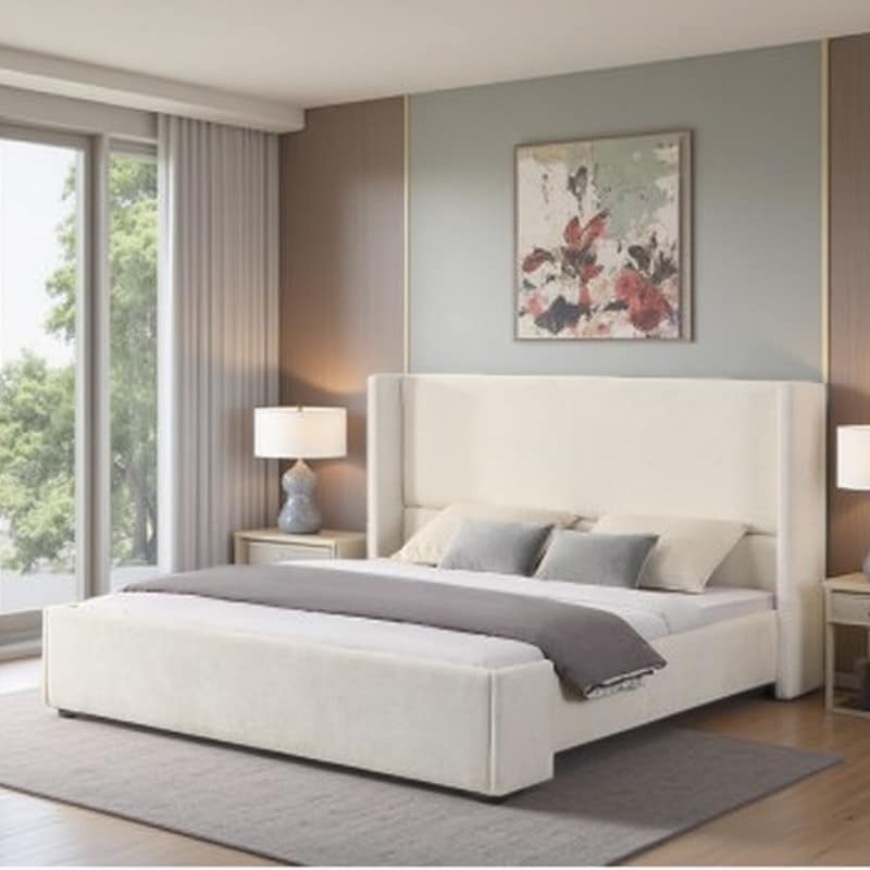 King White Fabric Upholstered Wingback Bed with Tall Headboard, Modern Elegant Design & Durable Support Frame