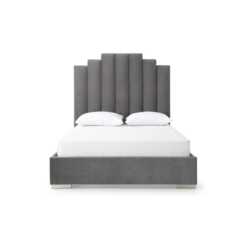 Velvet Upholstered Bed with USB Ports Grey Fabric Platform Bed Frame with Chrome Legs Double Bed