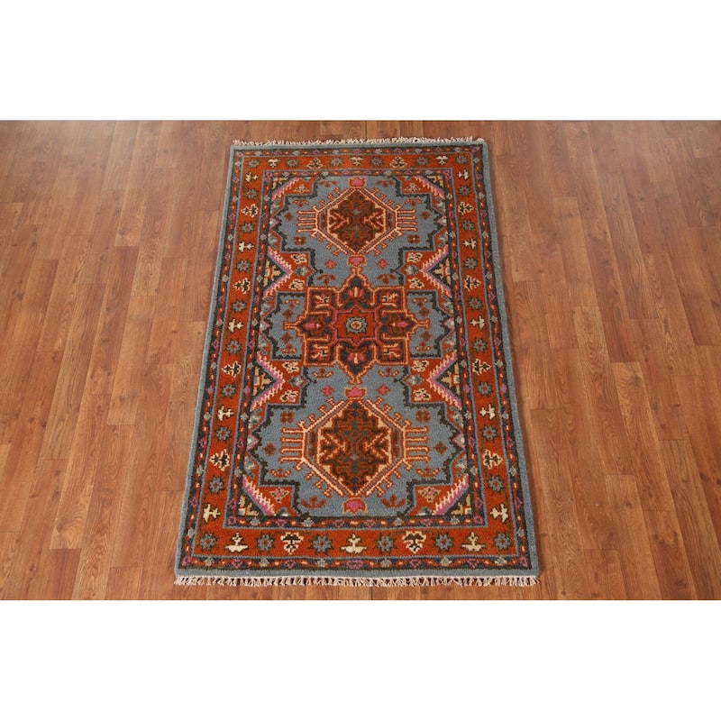 Geometric Kazak Oriental Accent Rug Handmade Blue Wool Carpet - 3'0"x 5'0"