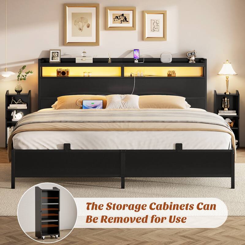 Bed Frame with Slide Out Bedside Cabinet , Platform Bed with Power Outlet and LED Light