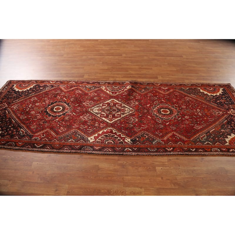 Tribal Red Qashqai Persian Vintage Runner Rug Hand-knotted Wool Carpet - 3'7"x 9'9"