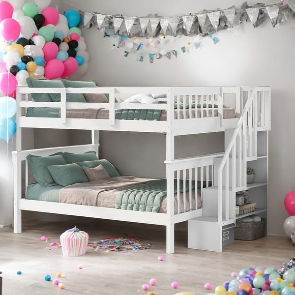 slide 2 of 15, Modrem Full Over Full Bunk Bed With Storage and Guard Rail For Bedroom,Dorm,Adults,Kids White