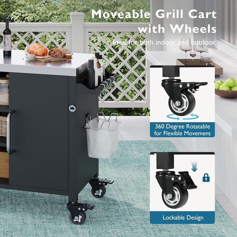 Metal Tabletop Kitchen Island with Stainless Steel Sink, Built-in Partition and Rolling Grill Cart, Pantry Storage Cabinet