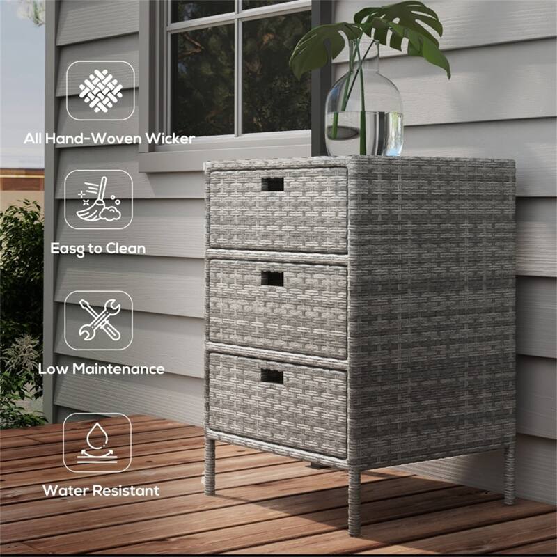 Grey PE Rattan Outdoor Storage Cabinet with 3 Drawers and Steel Frame - 23.5" W x 19.75" D x 32.25" H