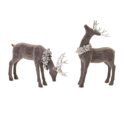 Velvet Finish Deer Figurines Set of 2 for Holiday Decor - 8.5” x 13” x 3”