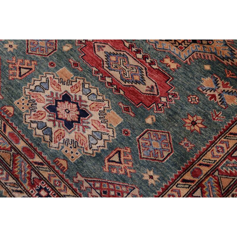 Southwestern Super Kazak Samara Green/Red Hand Knotted Wool Rug - 4'2'' x 5'11''