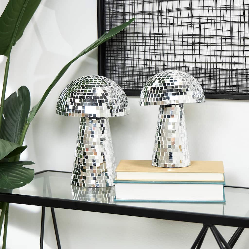 Silver or Gold Glass Handmade Mosaic Mirrored Mushroom Sculpture (Set of 2)