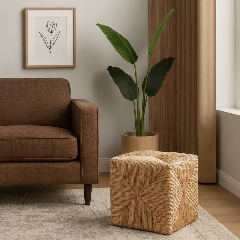 Decorative Textured Woven Ottoman for House Decor - 18", Brown