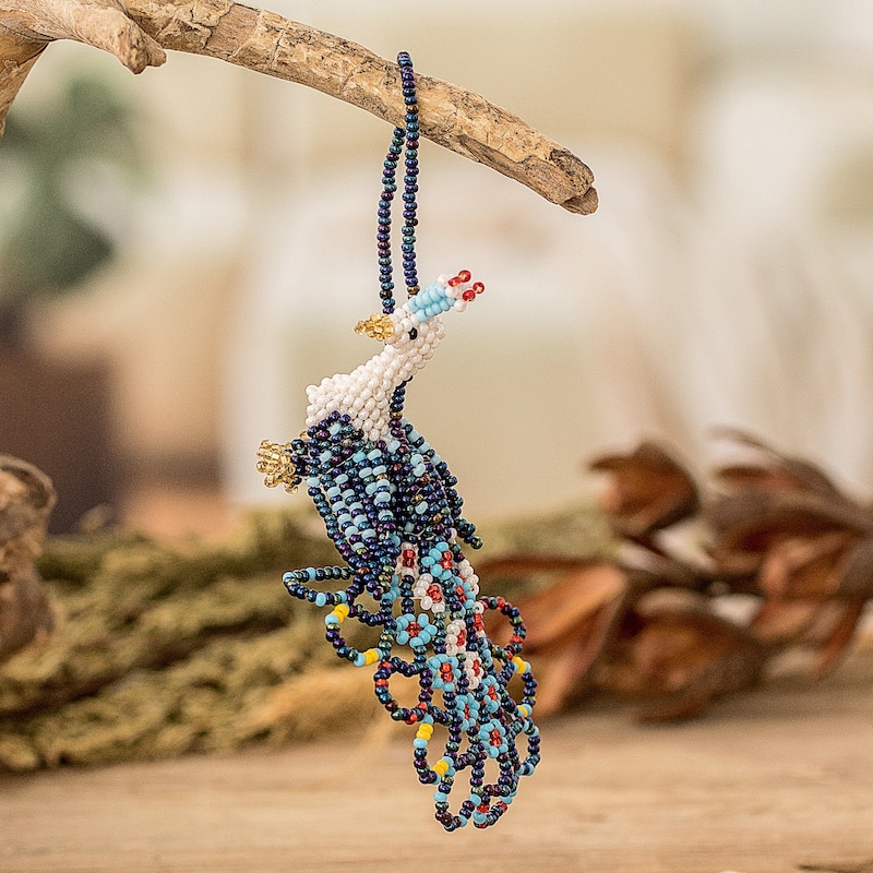 Novica Handmade Blue Peacock Splendor Glass Beaded Ornament