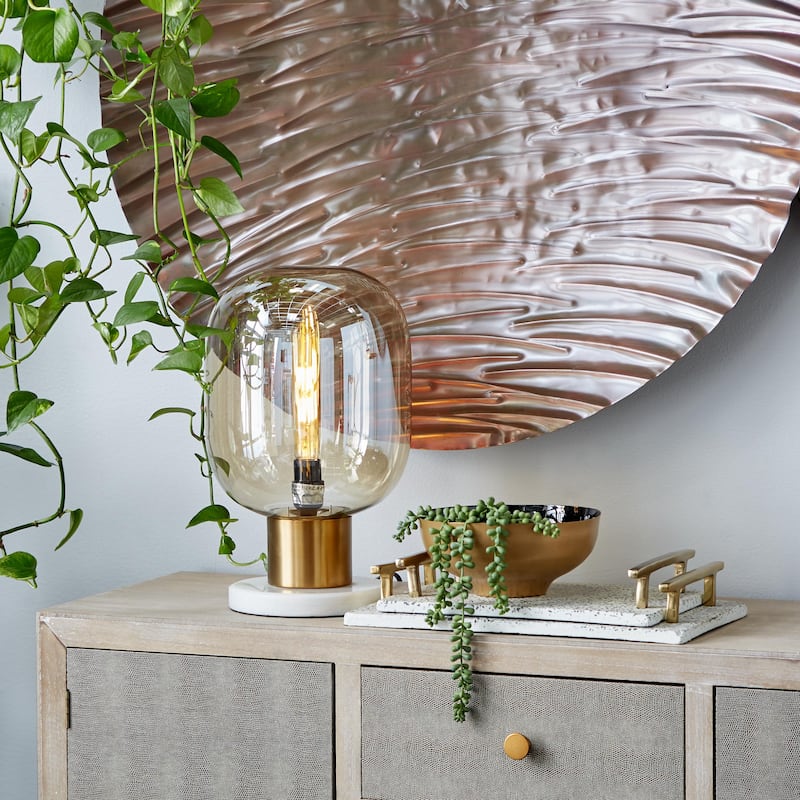 Metal Room Table Lamp with Clear Dome Shaped Shade and Marble Base - Gold - Roche River Decor