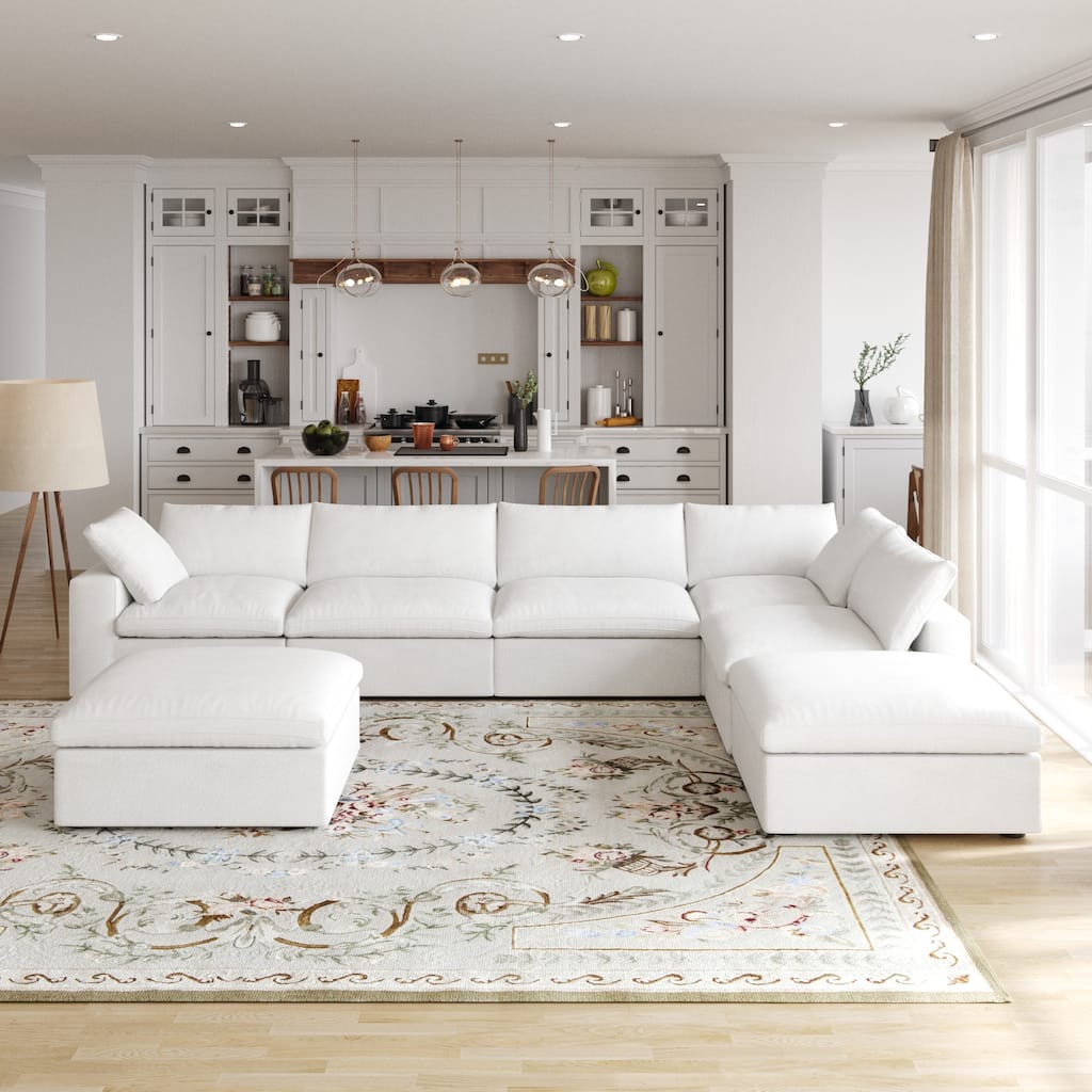 160 in. Free Combination Overstuffed Down Filled Comfort Linen U-shape 6-Seat Sofa Modular Sectional with Ottoman