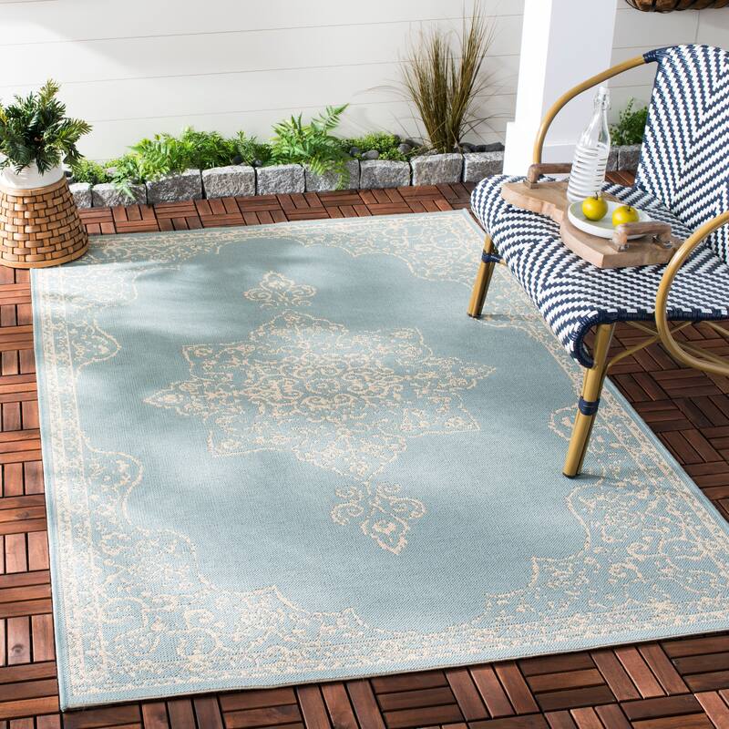 SAFAVIEH Beach House Zanfira Indoor/ Outdoor Waterproof Patio Backyard Rug - 3' x 5' - Cream/Aqua