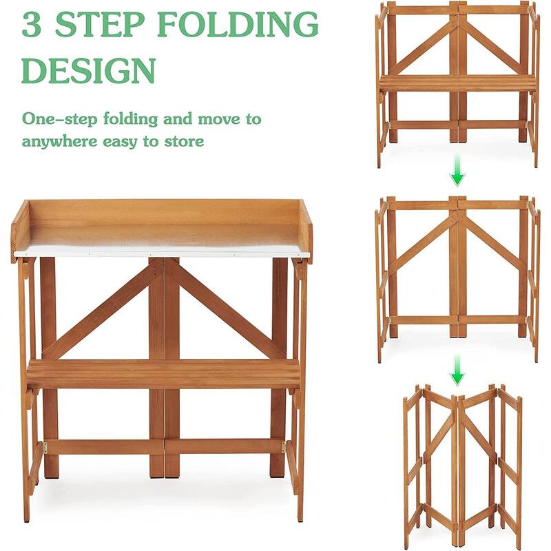 Folding Potting Bench Outdoor Solid Wood Foldable Garden WorkBench Station for Planting Horticulture with Shelves