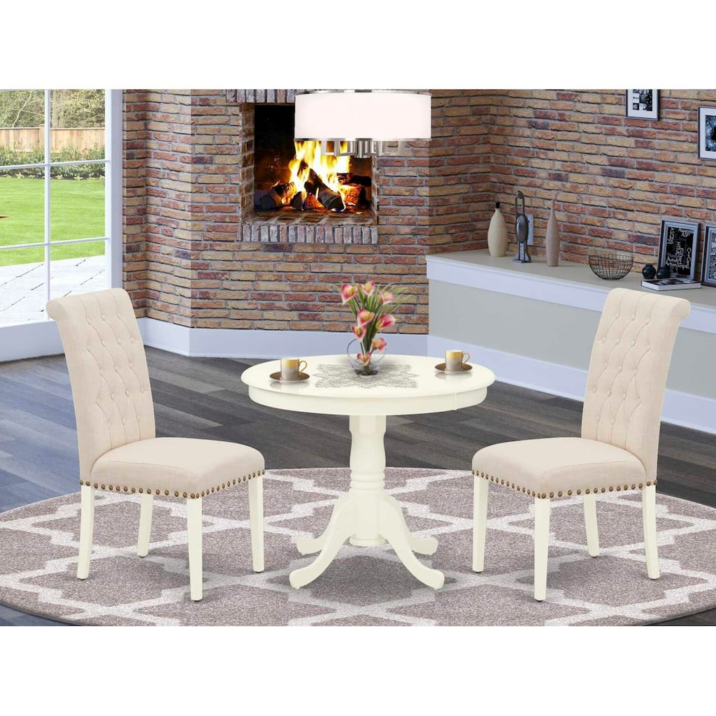 3-Piece Linen White Finish Solid Wood Top - Round Dining Room Set - Seats 4