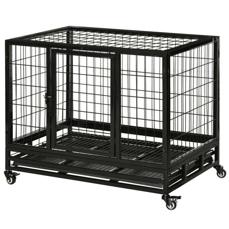 Black Metal Dog Crate with Front and Top Access Slide-Out Tray and Lockable Rolling Wheels - 36.2" L x 24.4" W x 27.2" H