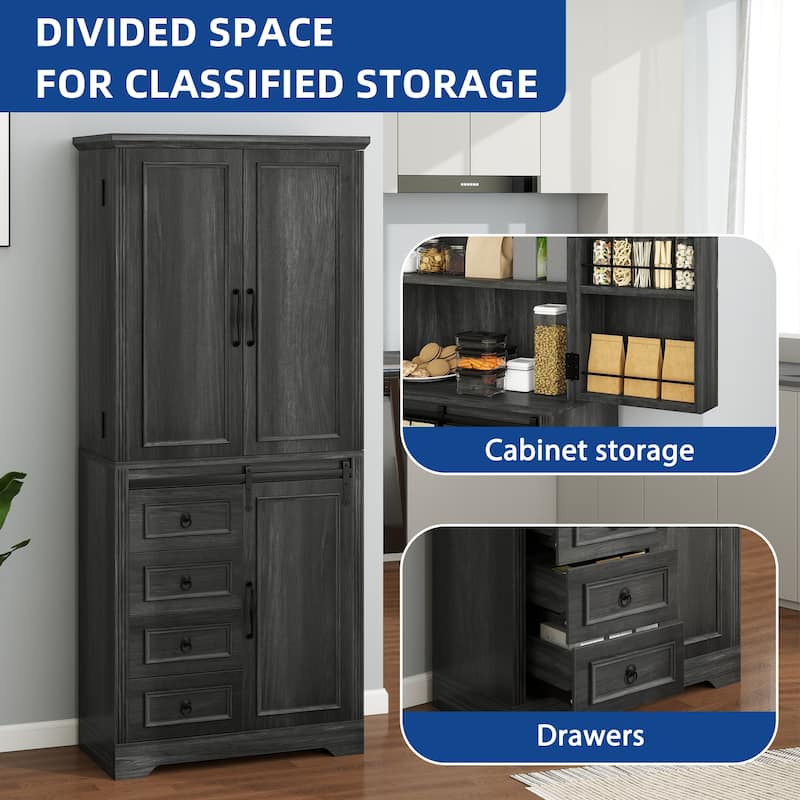 Moasis Farmhouse Kitchen Pantry Storage Cabinet with Barn Doors And 4 Drawers