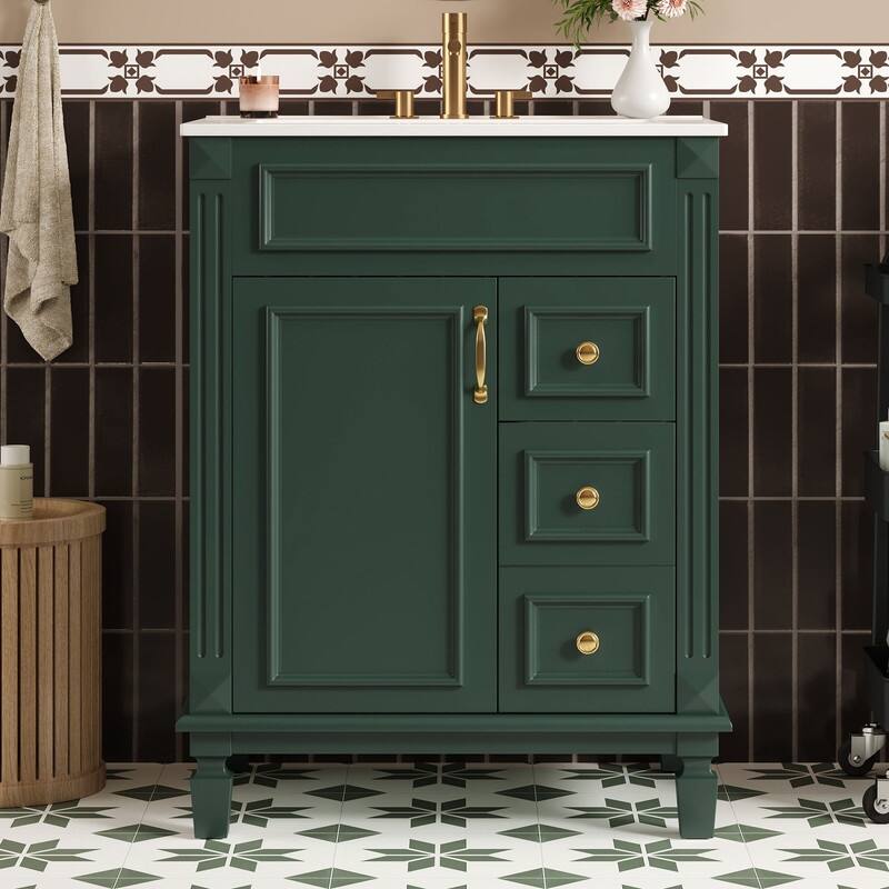 24" Bathroom Vanity with Ceramic Sink, 2 Drawers and Adjustable Shelf - Green