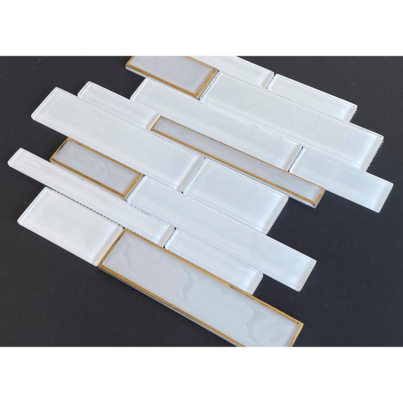 Random Linear White Glass with Glazed Edges Mosaic Wall Tile - 1 Case (10 Sheets)