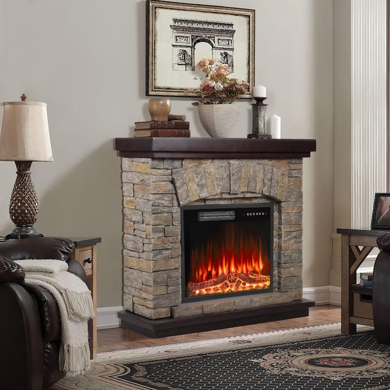 BOSSIN 36" /40" Electric Fireplace with Mantel, 23 inch Electric Fireplace Insert, TV Stand Freestanding Heater Flame Faux Stone