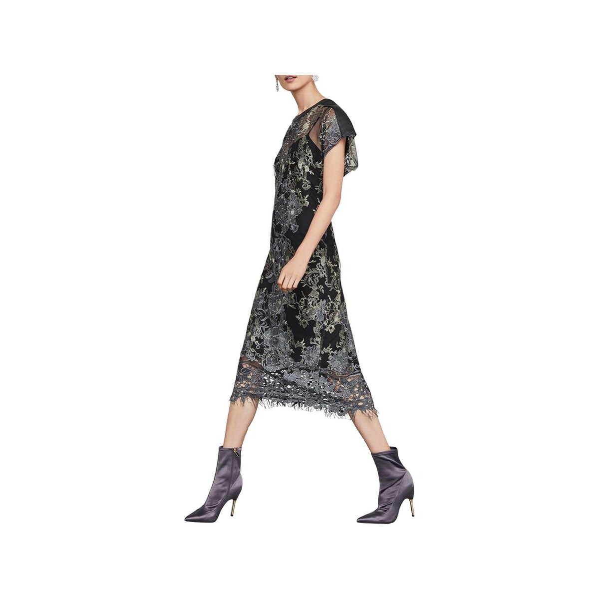 bcbg metallic lace midi dress
