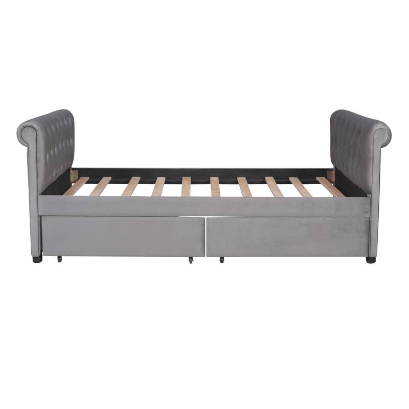 Beige Upholstered Twin Size Daybed Sofa Bed with Trundle, Fabric and Wood Frame Wood Slat Support