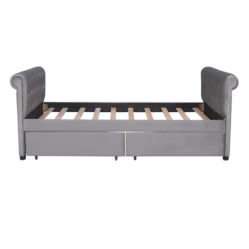 Twin Size Tufted Daybed w/ Drawers Storage Bed & Solid Wood Slats Support Upholstered Bed No Box Spring Needed Easy Assembly