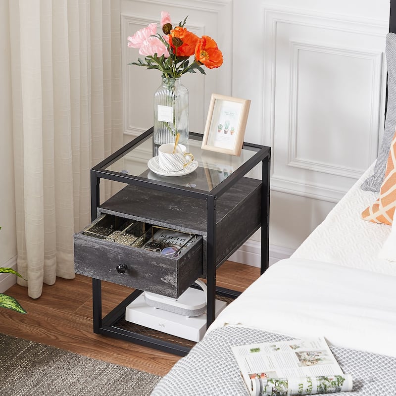 VECELO Modern 1- Drawer Nightstands with Tempered Glass Top