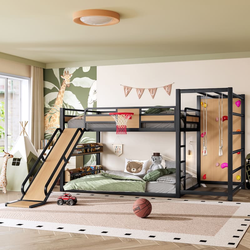 Full/Twin Metal Loft Bed with Basketball Hoop, Climbing Wall & Slide