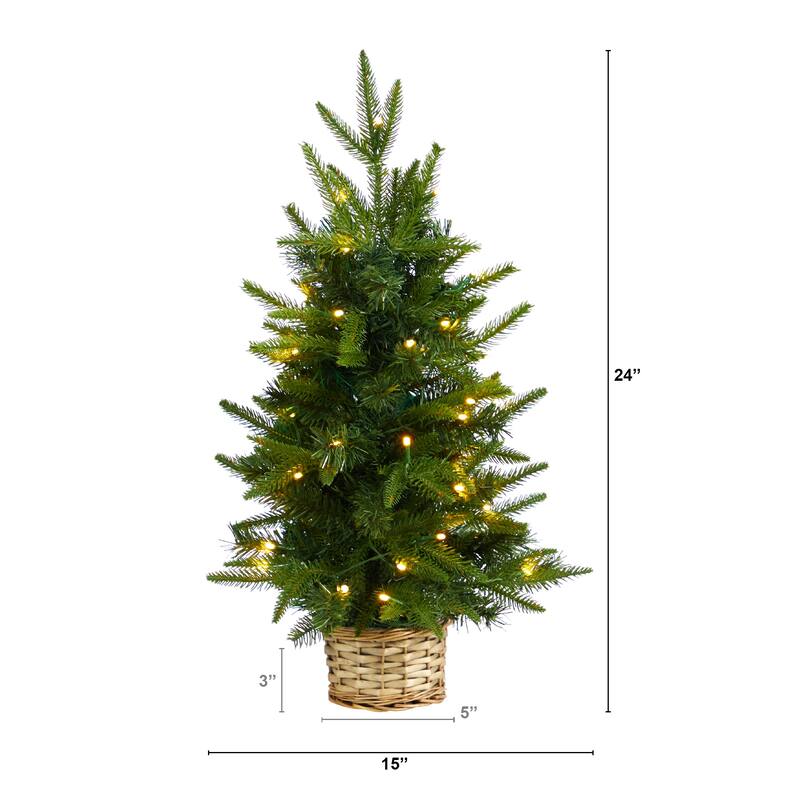 Pre-Lit Mini Artificial Christmas Tree with Wicker Base - 2' - Clear LED Lights - 2 Foot