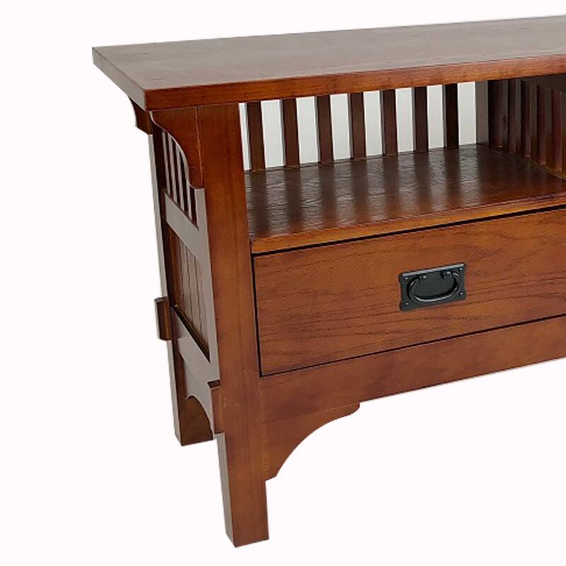 Wooden TV Stand with 2 Open Shelves and Slatted Back, Oak Brown