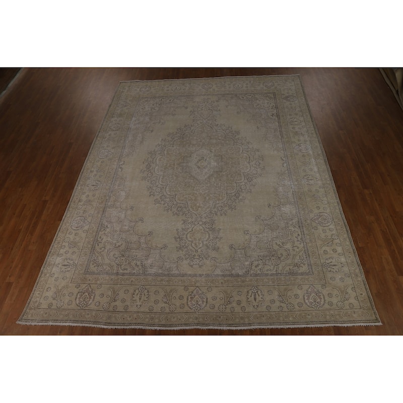 Traditional Beige Tabriz Persian Vintage Rug Handmade Wool Carpet - 9'7" x 12'6"