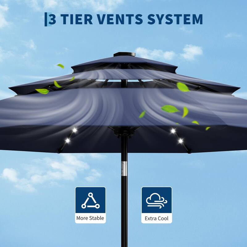 3-Tier Solar Patio Umbrella, with LED Lights and Vents