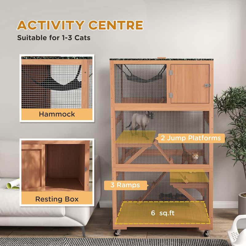 Orange-Green Fir Wood Cat Cage with Hammock, Ramps and Multi Platforms