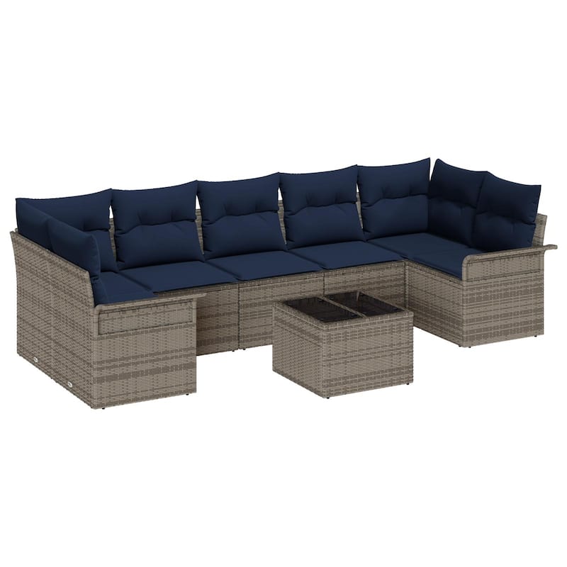 vidaXL 8-Seater Garden Sofa with Cushions Black/Brown/Grey Poly Rattan - 52.2 x 113.8 x 27.2