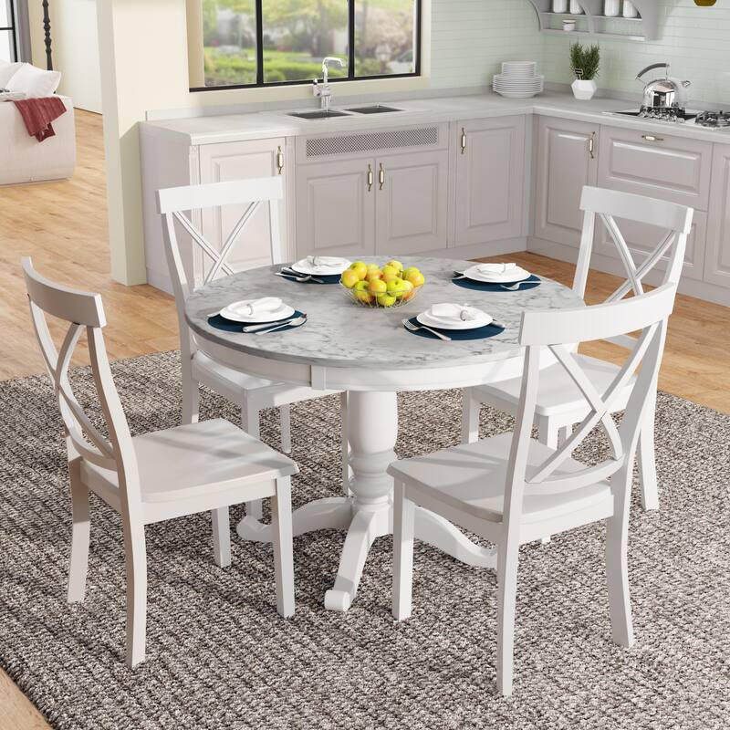 5Piece Dining Table Set Solid Wood Kitchen Table with Faux Marble