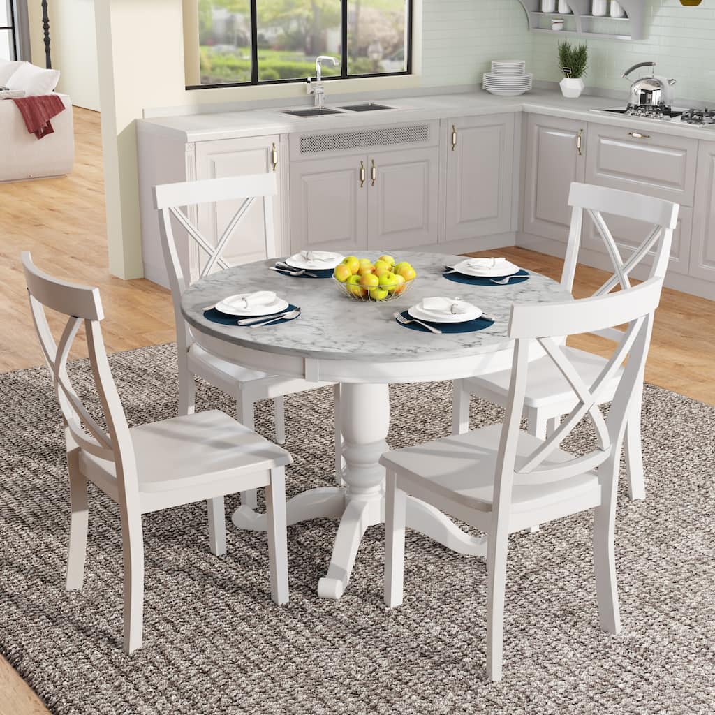 Stylish Round Wooden Dining Table with Four Wooden Chairs, 5-Piece Kitchen Table and Chair Set for Apartment