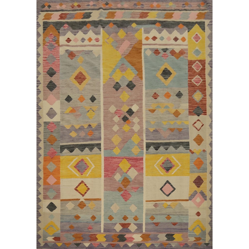 Hand Woven Oriental 100% Wool Carpet Southwestern Tribal Multi-Colored Kilim Area Rug - 9' 11'' X 8' 1''