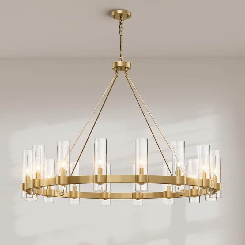 KAYLA 48" 16-Light Gold Chandelier, Wagon Wheel Chandelier with Glass Shade, Modern Farmhouse Chandelier - 48in - Gold