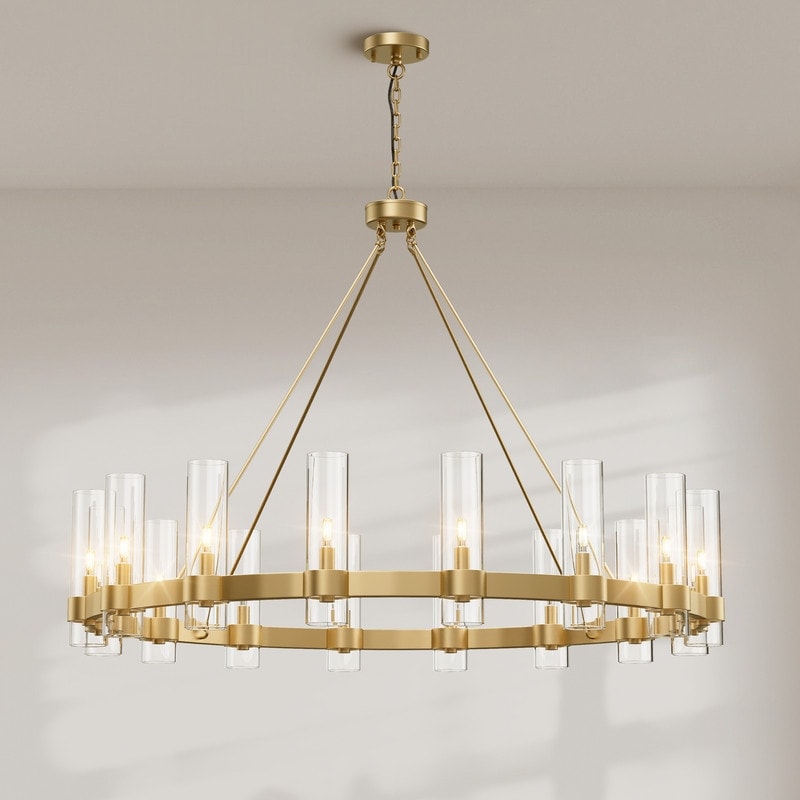 KAYLA 48" 16-Light Gold Chandelier, Wagon Wheel Chandelier with Glass Shade, Modern Farmhouse Chandelier - 48in