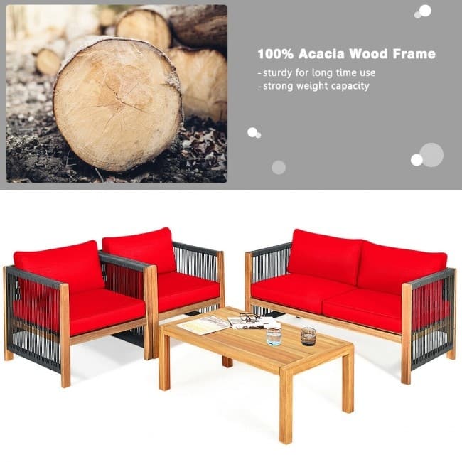 4 Pcs Acacia Wood Outdoor Patio Furniture Set with Cushions - 52" x 26" x 25" (L x W x H)