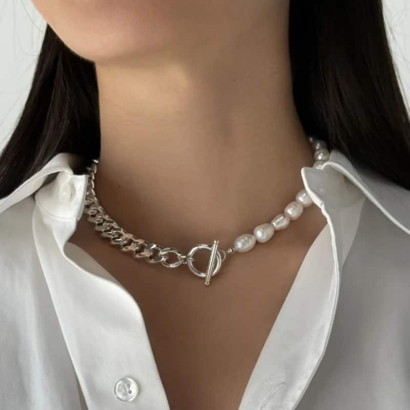 Bliss Diamond Fresh Water Pearl Half Curb Link Necklace 18" Toggle Clasp
