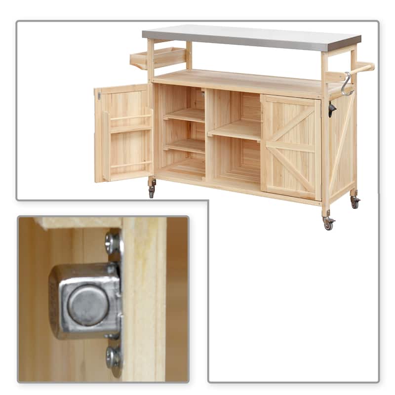 Vintage Stylish Wooden Kitchen Island with Stainless Steel Top, Indoor/Outdoor Use