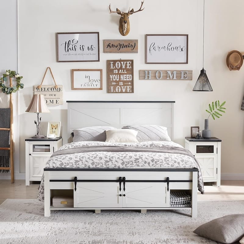 Farmhouse Queen Size Wood Bed Frame , with Cabinets and Headboard - White
